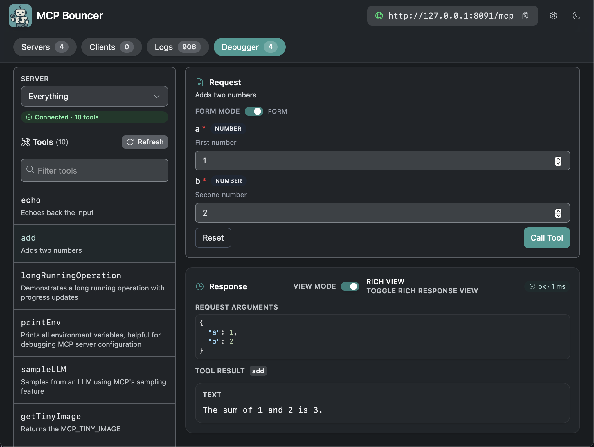 Debugger tab for calling MCP tools