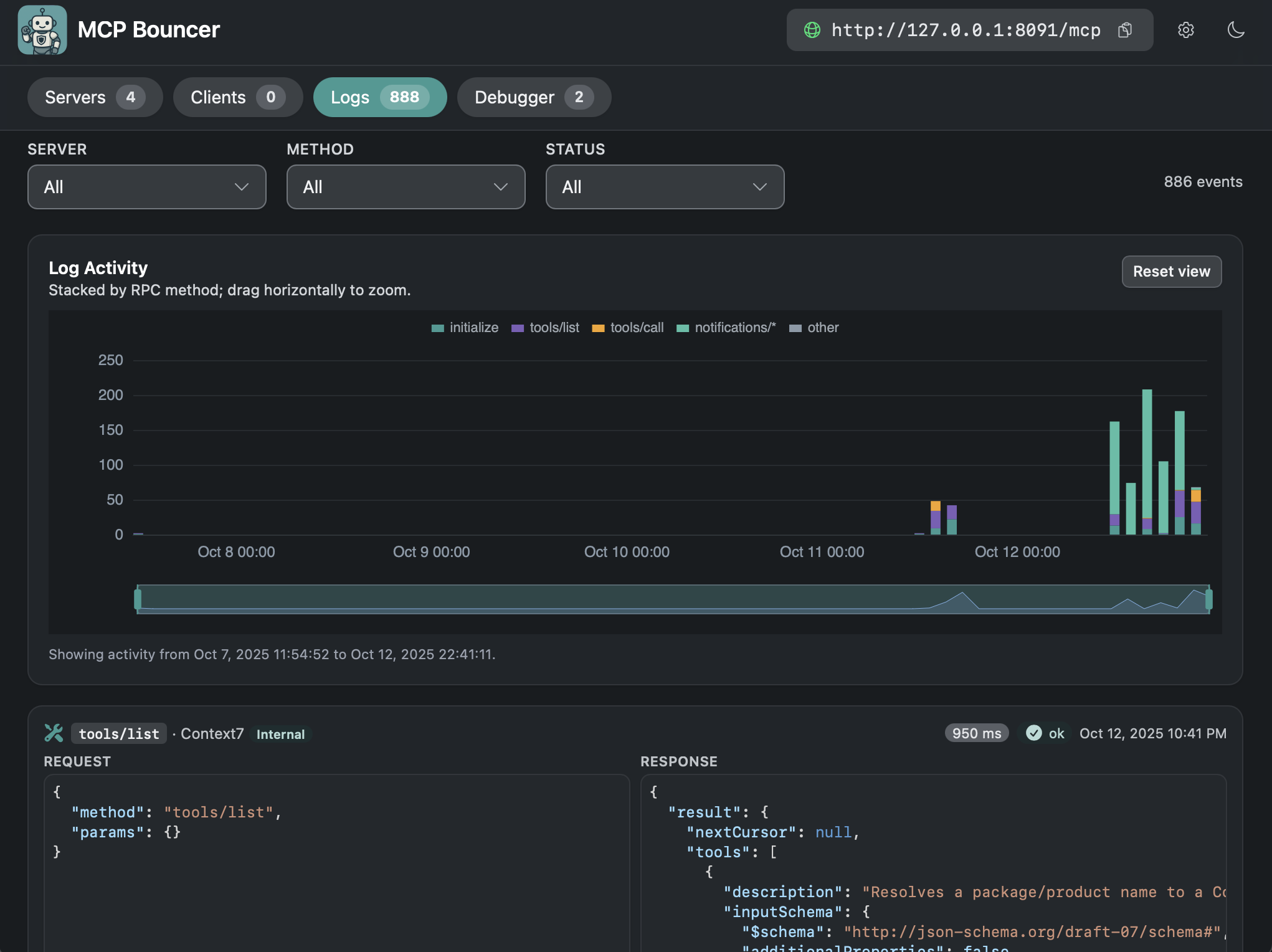 Logs view showing JSON-RPC traffic
