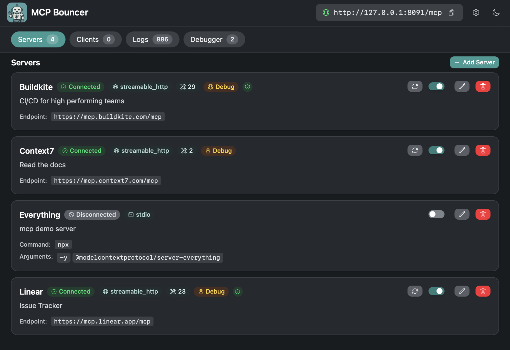 Server list view showing MCP servers and transports